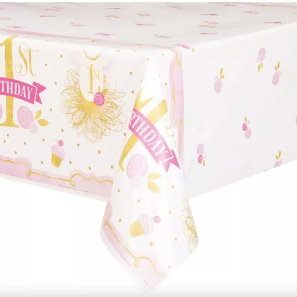 1st Birthday Pink and Gold Girls Table Cover Party Supplies 54 in x 84 in